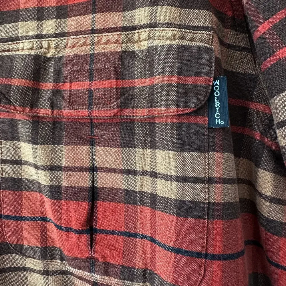 Woolrich Mens Large Red Orange Brown Plaid Classic Long Sleeve Button Work Shirt - Picture 6 of 14
